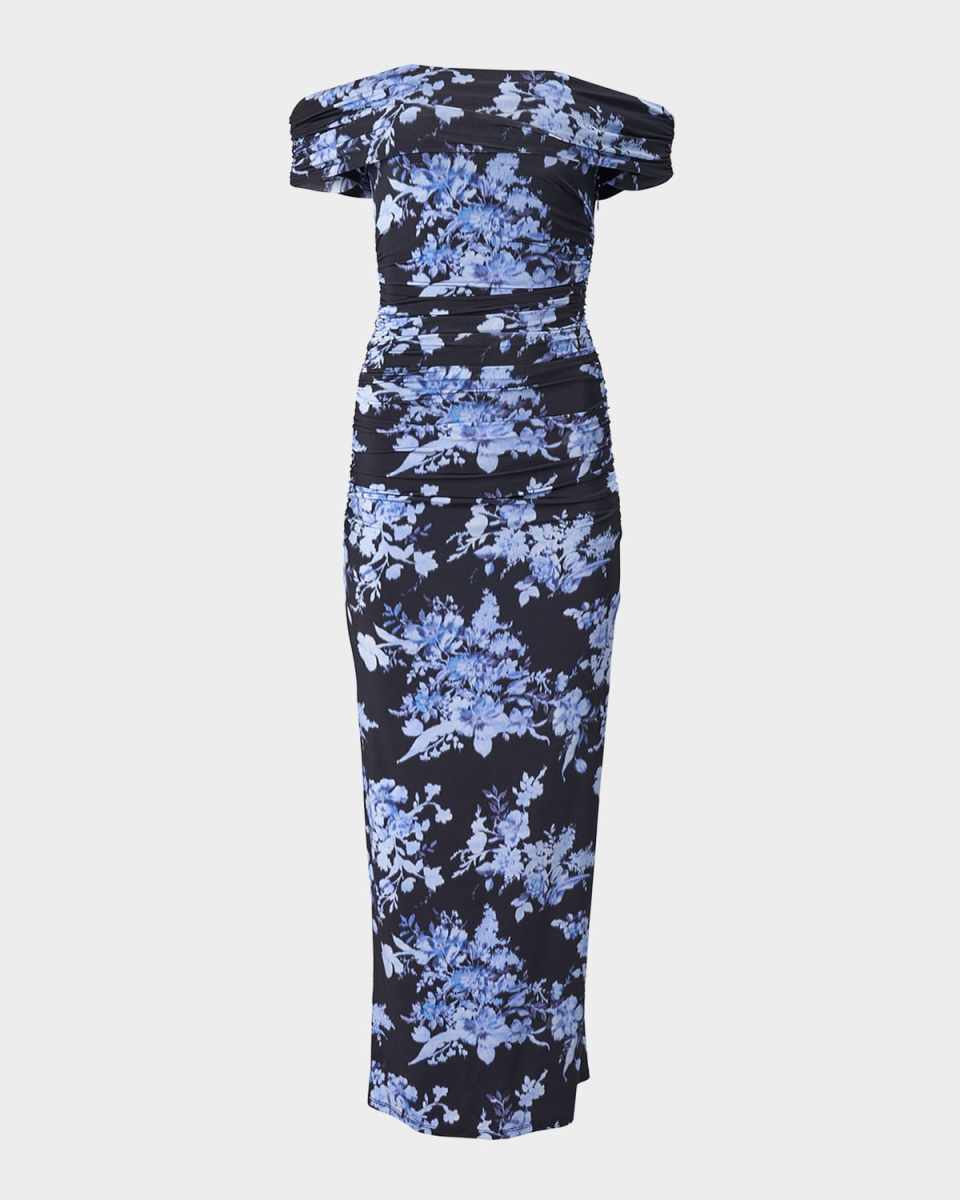 Off-the-Shoulder Floral Gathered Body-Con Dress